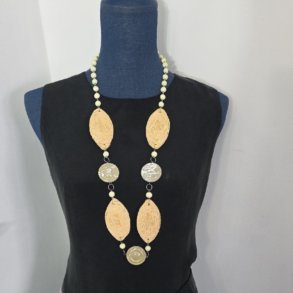 Long Raffia And Acrylic Bead Necklace